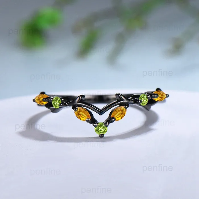 Art Deco Black Gold Citrine Wedding Ring Unique Marquise Citrine Peridot Stackable Matching Band Handmade Proposal Gifts for Women PENFINE Rings Art Deco Black Gold Citrine Wedding Ring Unique Marquise Citrine Peridot Stackable Matching Band Handmade Proposal Gifts for Women PENFINE Rings