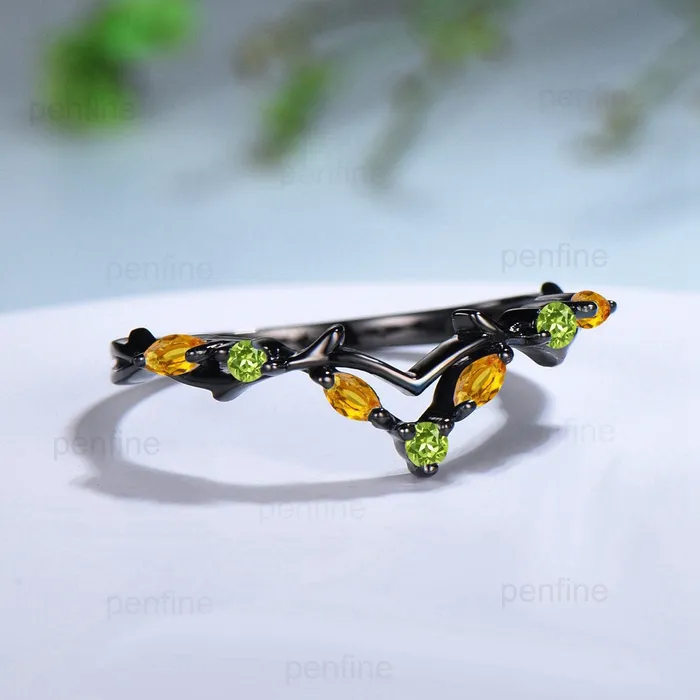 Art Deco Black Gold Citrine Wedding Ring Unique Marquise Citrine Peridot Stackable Matching Band Handmade Proposal Gifts for Women PENFINE Rings Art Deco Black Gold Citrine Wedding Ring Unique Marquise Citrine Peridot Stackable Matching Band Handmade Proposal Gifts for Women PENFINE Rings