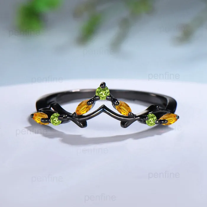 Art Deco Black Gold Citrine Wedding Ring Unique Marquise Citrine Peridot Stackable Matching Band Handmade Proposal Gifts for Women PENFINE Rings Art Deco Black Gold Citrine Wedding Ring Unique Marquise Citrine Peridot Stackable Matching Band Handmade Proposal Gifts for Women PENFINE Rings