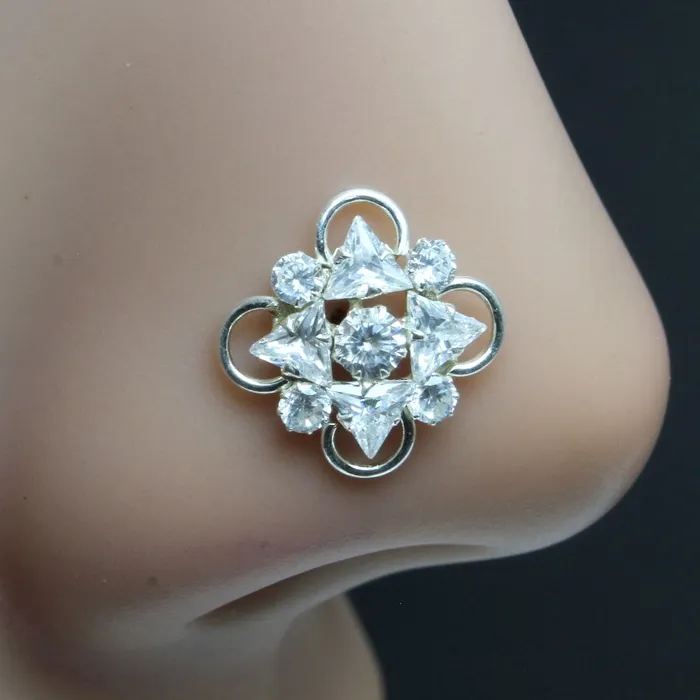 Indian 925 Sterling Silver White CZ Studded Corkscrew nose ring 22g Karizma Jewels Rings