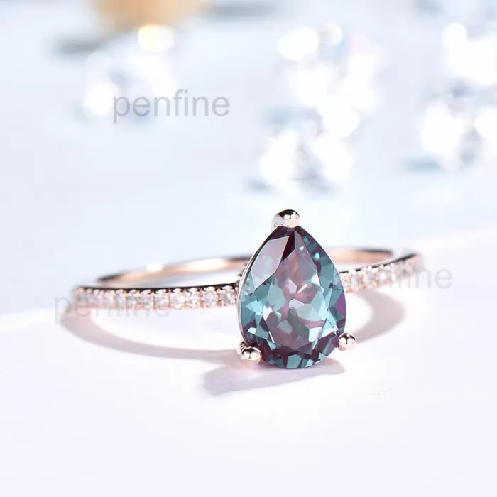 Pear Shaped AlexandriteEmerald Diamond Engagement Ring Basket Prong PENFINE Rings