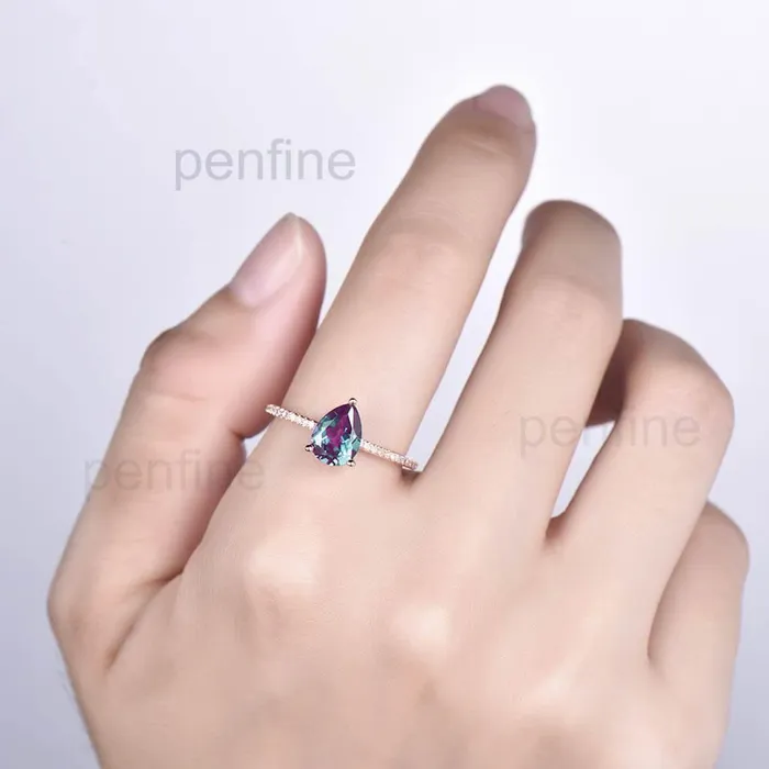 Pear Shaped AlexandriteEmerald Diamond Engagement Ring Basket Prong PENFINE Rings
