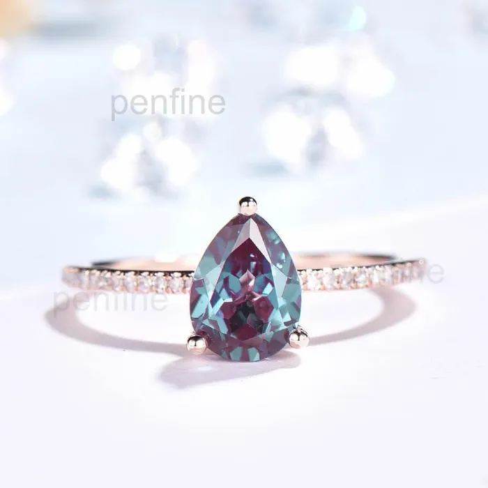 Pear Shaped AlexandriteEmerald Diamond Engagement Ring Basket Prong PENFINE Rings