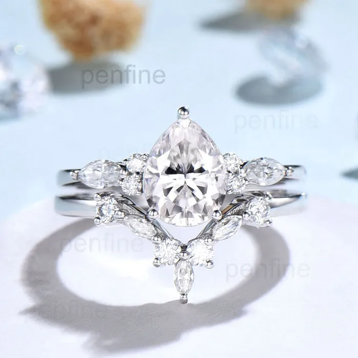 PENFINE Rings 2pcs Pear Shaped Nadia Moissanite Engagement Ring Set