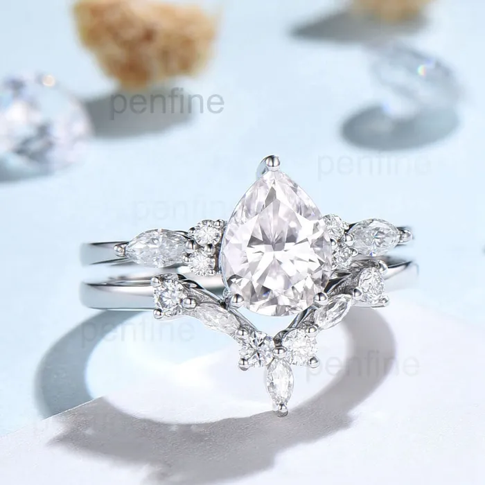 PENFINE Rings 2pcs Pear Shaped Nadia Moissanite Engagement Ring Set