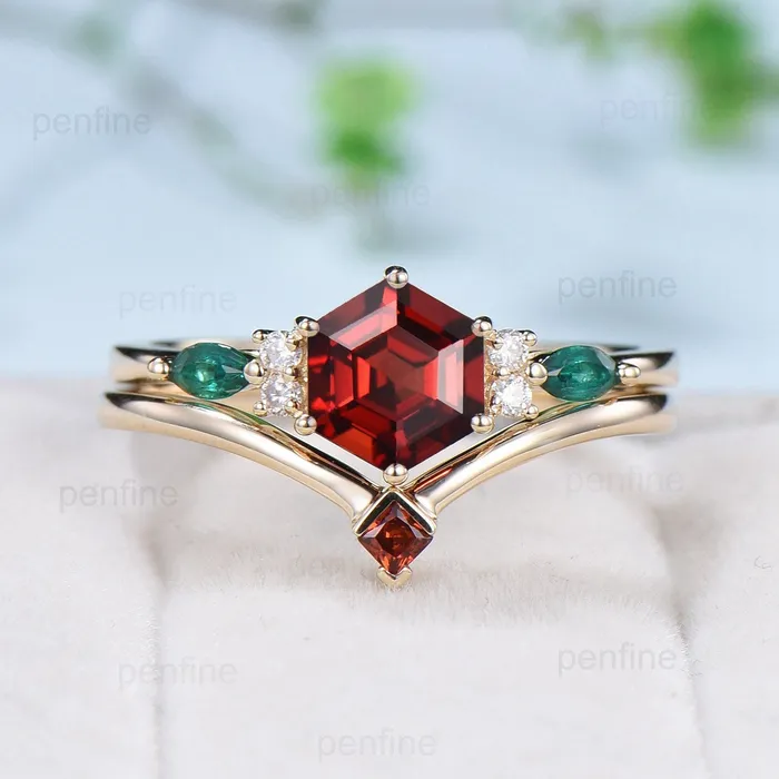 PENFINE Rings Vintage hexagon garnet engagement ring set 14kyellow gold marquise emerald wedding ring for women Dainty January birthstone bridal ring set PENFINE Rings Vintage hexagon garnet engagement ring set 14kyellow gold marquise emerald wedding ring for women Dainty January birthstone bridal ring set