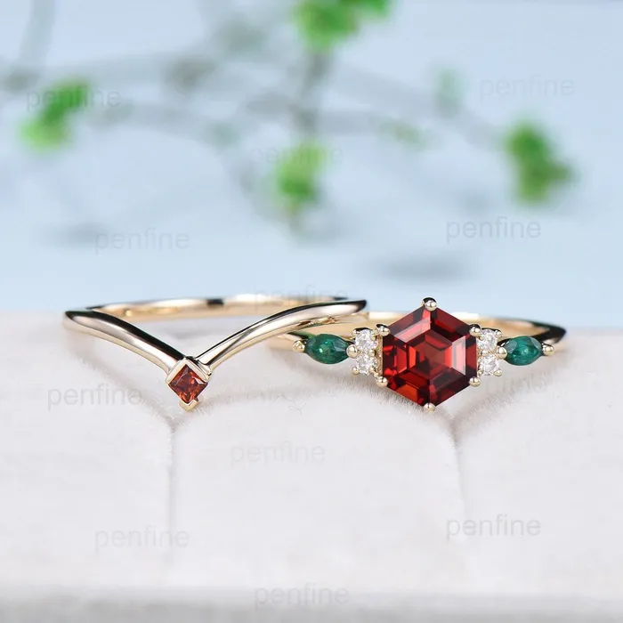 PENFINE Rings Vintage hexagon garnet engagement ring set 14kyellow gold marquise emerald wedding ring for women Dainty January birthstone bridal ring set PENFINE Rings Vintage hexagon garnet engagement ring set 14kyellow gold marquise emerald wedding ring for women Dainty January birthstone bridal ring set