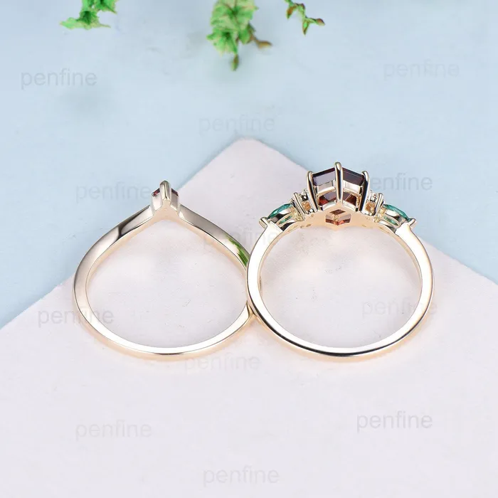 PENFINE Rings Vintage hexagon garnet engagement ring set 14kyellow gold marquise emerald wedding ring for women Dainty January birthstone bridal ring set PENFINE Rings Vintage hexagon garnet engagement ring set 14kyellow gold marquise emerald wedding ring for women Dainty January birthstone bridal ring set