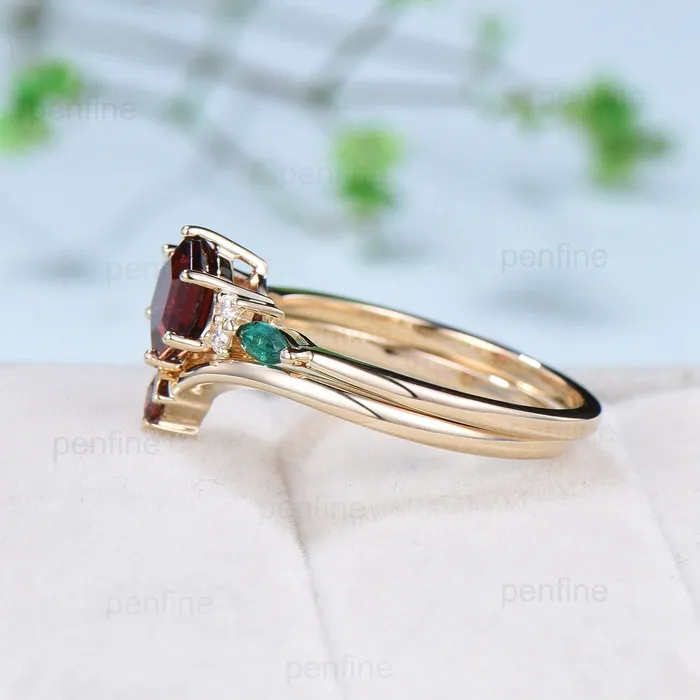 PENFINE Rings Vintage hexagon garnet engagement ring set 14kyellow gold marquise emerald wedding ring for women Dainty January birthstone bridal ring set PENFINE Rings Vintage hexagon garnet engagement ring set 14kyellow gold marquise emerald wedding ring for women Dainty January birthstone bridal ring set