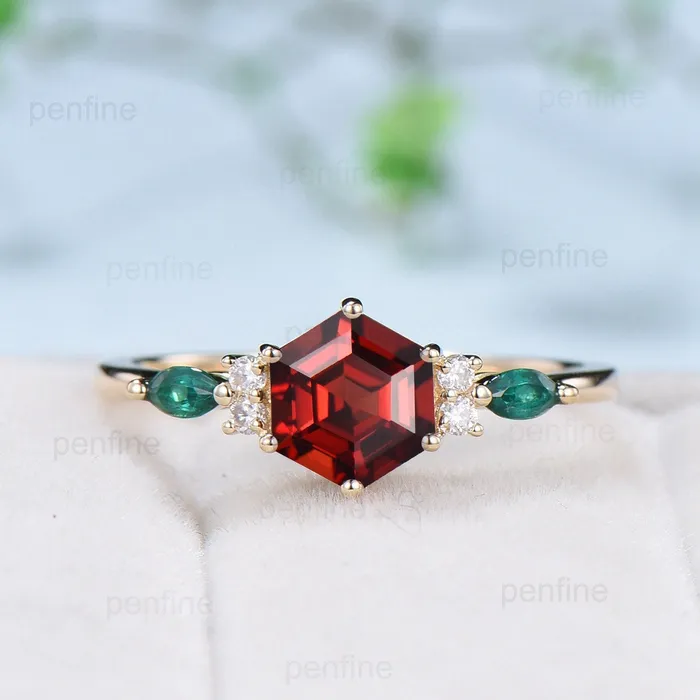 PENFINE Rings Vintage hexagon garnet engagement ring set 14kyellow gold marquise emerald wedding ring for women Dainty January birthstone bridal ring set PENFINE Rings Vintage hexagon garnet engagement ring set 14kyellow gold marquise emerald wedding ring for women Dainty January birthstone bridal ring set