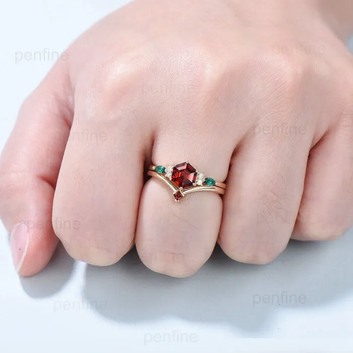 PENFINE Rings Vintage hexagon garnet engagement ring set 14kyellow gold marquise emerald wedding ring for women Dainty January birthstone bridal ring set PENFINE Rings Vintage hexagon garnet engagement ring set 14kyellow gold marquise emerald wedding ring for women Dainty January birthstone bridal ring set