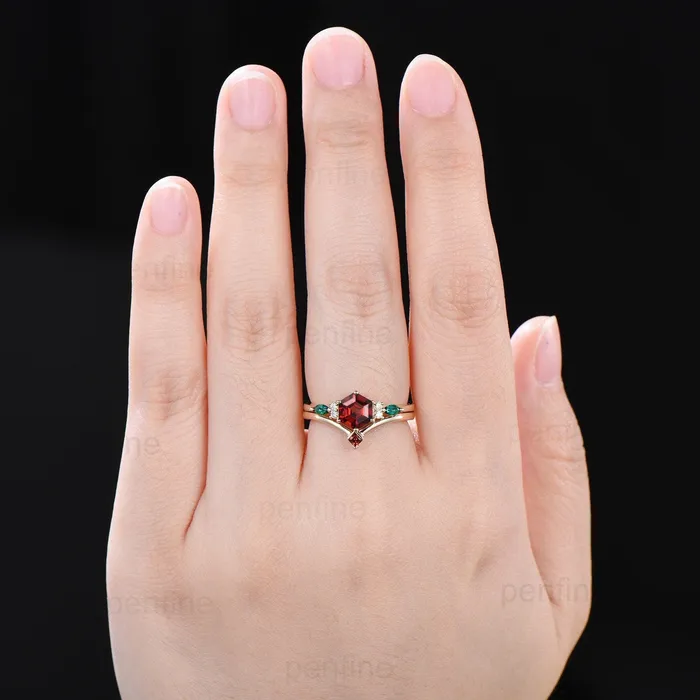PENFINE Rings Vintage hexagon garnet engagement ring set 14kyellow gold marquise emerald wedding ring for women Dainty January birthstone bridal ring set PENFINE Rings Vintage hexagon garnet engagement ring set 14kyellow gold marquise emerald wedding ring for women Dainty January birthstone bridal ring set