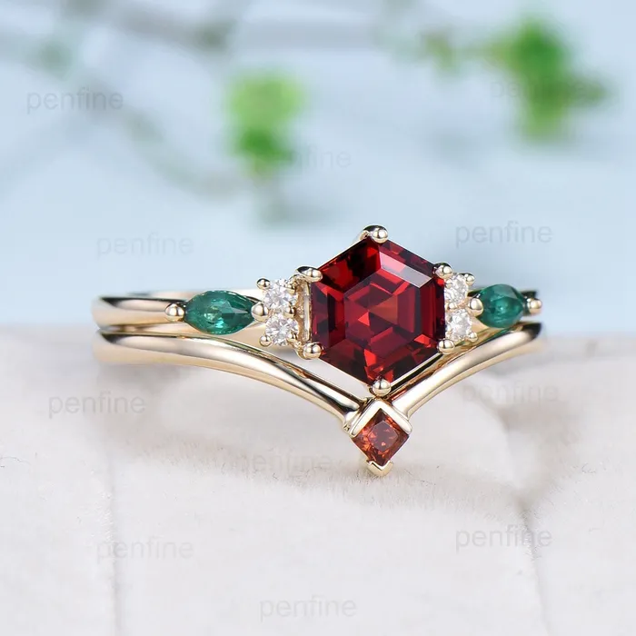 PENFINE Rings Vintage hexagon garnet engagement ring set 14kyellow gold marquise emerald wedding ring for women Dainty January birthstone bridal ring set PENFINE Rings Vintage hexagon garnet engagement ring set 14kyellow gold marquise emerald wedding ring for women Dainty January birthstone bridal ring set