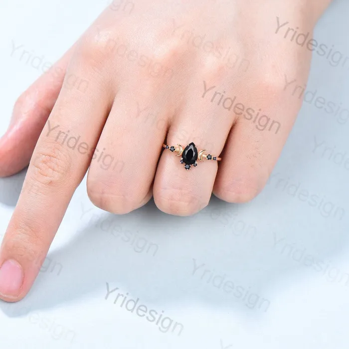 Rings Vintage black onyx engagement ring rose gold Moon pear shaped antique black stone promise ring art deco diamond wedding ring for women PENFINE Rings Vintage black onyx engagement ring rose gold Moon pear shaped antique black stone promise ring art deco diamond wedding ring for women PENFINE