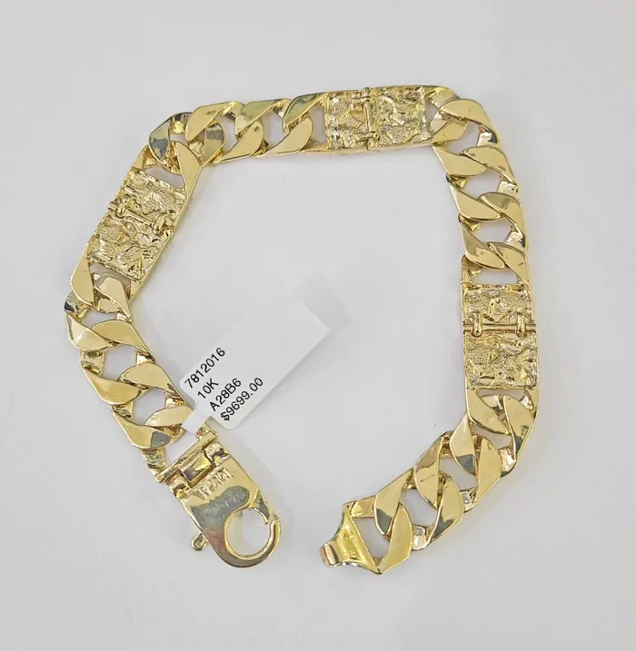 Bracelets Globalwatches10 10k Nugget Cuban Link Bracelet Yellow Gold 10mm 9 Inch Real 10Kt Men Women