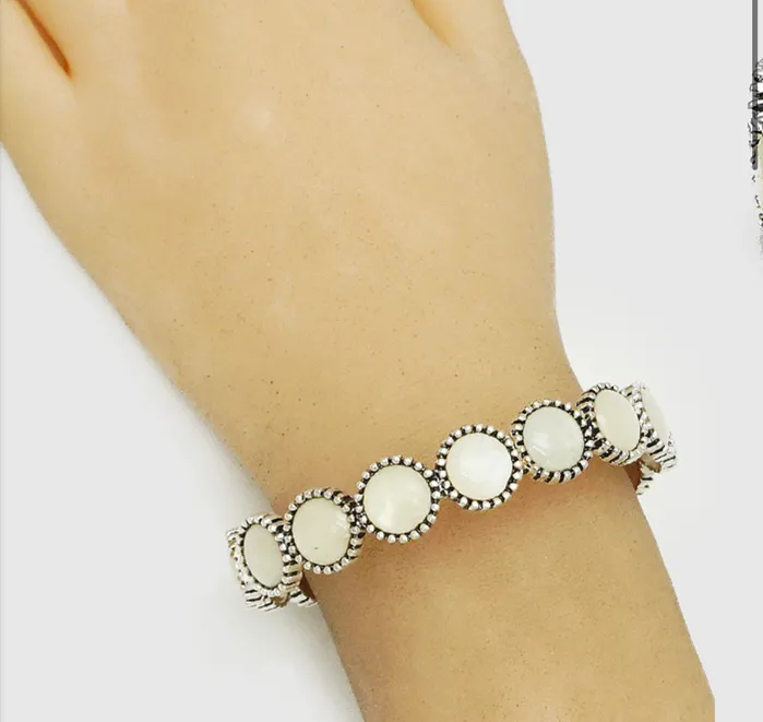 OB08167 asmop MOP BALL TEXTURED ANTIQUE SILVER ROUND METAL STRETCH BRACELET Bracelets