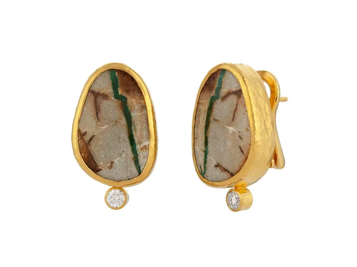 Earrings GURHAN Rune Gold Turquoise and Diamond Stud Earrings 21x14mm Amorphous Shape GG GOLD OOAK Earrings GURHAN Rune Gold Turquoise and Diamond Stud Earrings 21x14mm Amorphous Shape GG GOLD OOAK
