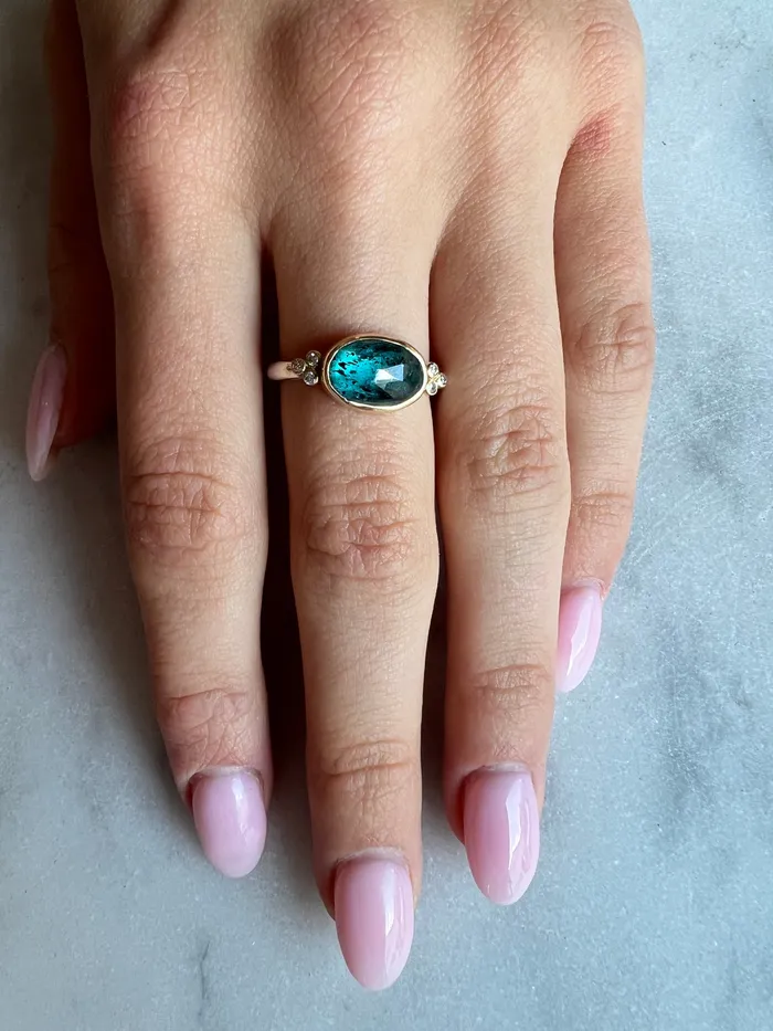 Emily Amey Jewelry Rings Teal Kyanite ring with diamond clusters in 14k and sterling silver