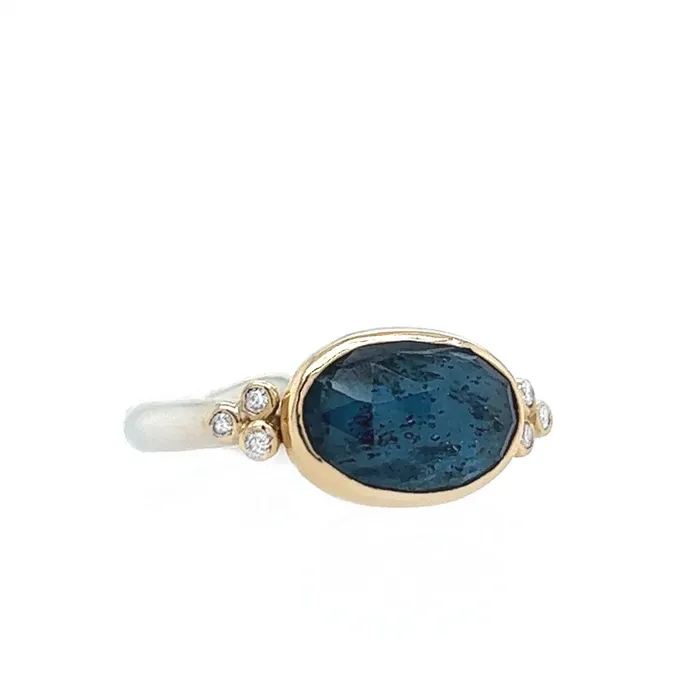 Emily Amey Jewelry Rings Teal Kyanite ring with diamond clusters in 14k and sterling silver