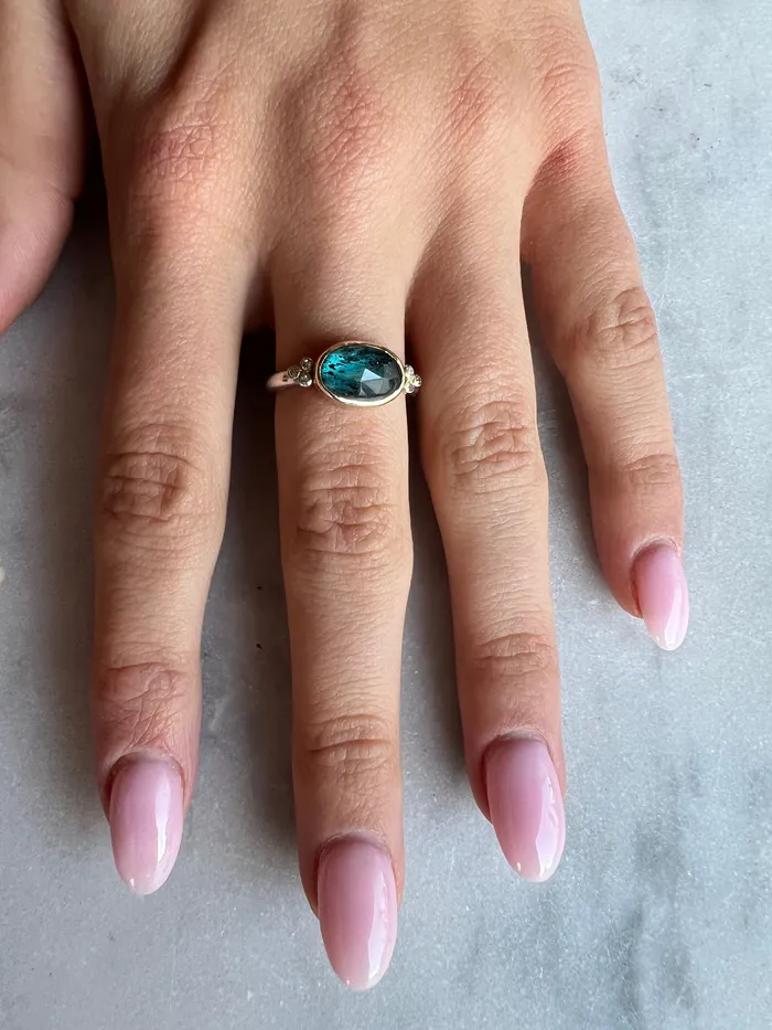 Emily Amey Jewelry Rings Teal Kyanite ring with diamond clusters in 14k and sterling silver
