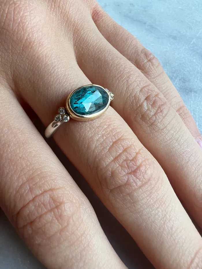 Emily Amey Jewelry Rings Teal Kyanite ring with diamond clusters in 14k and sterling silver