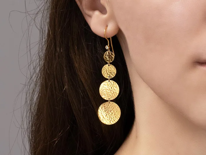 GG GOLD CLS GURHAN Lush Gold Long Drop Earrings Graduated Flakes on Wire Hook Earrings GG GOLD CLS GURHAN Lush Gold Long Drop Earrings Graduated Flakes on Wire Hook Earrings