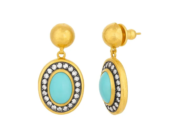 GG GOLD OOAK GURHAN Muse Gold Turquoise Single Drop Earrings 14x10mm Oval set in Blackened White Gold Frame Earrings GG GOLD OOAK GURHAN Muse Gold Turquoise Single Drop Earrings 14x10mm Oval set in Blackened White Gold Frame Earrings