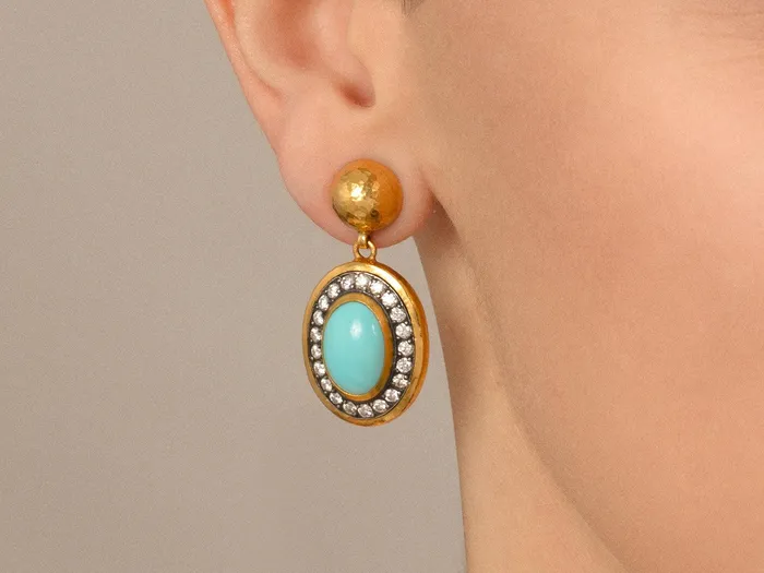 GG GOLD OOAK GURHAN Muse Gold Turquoise Single Drop Earrings 14x10mm Oval set in Blackened White Gold Frame Earrings GG GOLD OOAK GURHAN Muse Gold Turquoise Single Drop Earrings 14x10mm Oval set in Blackened White Gold Frame Earrings