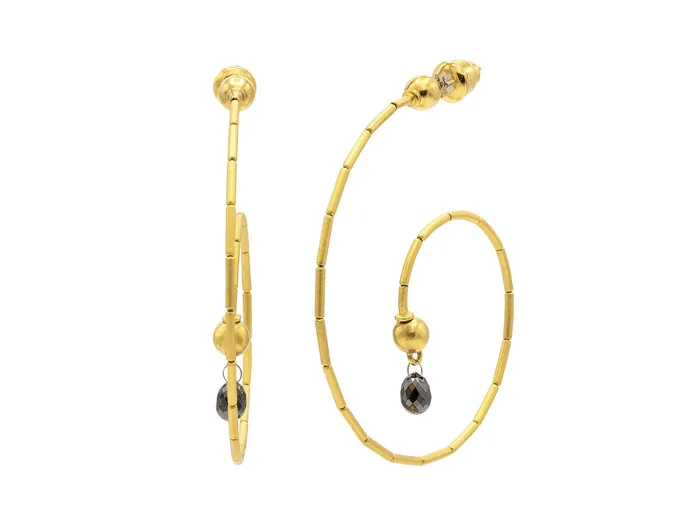 GURHAN Rain Gold Black Diamond Beaded Hoop Earrings Spiral with Briolette GG GOLD TRAD Earrings GURHAN Rain Gold Black Diamond Beaded Hoop Earrings Spiral with Briolette GG GOLD TRAD Earrings