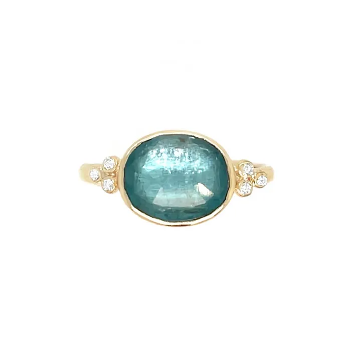 Ocean Kyanite Ring with Diamond clusters in 14 yellow gold Emily Amey Jewelry Rings Ocean Kyanite Ring with Diamond clusters in 14 yellow gold Emily Amey Jewelry Rings
