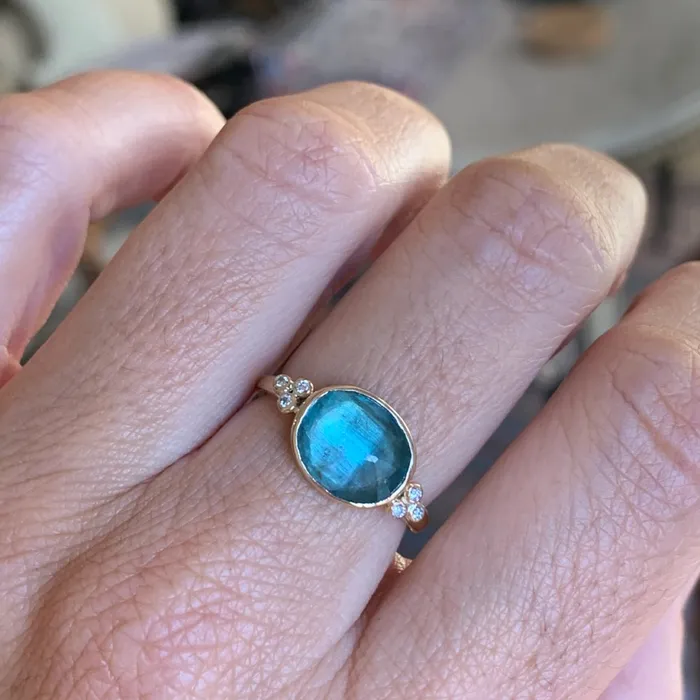 Ocean Kyanite Ring with Diamond clusters in 14 yellow gold Emily Amey Jewelry Rings