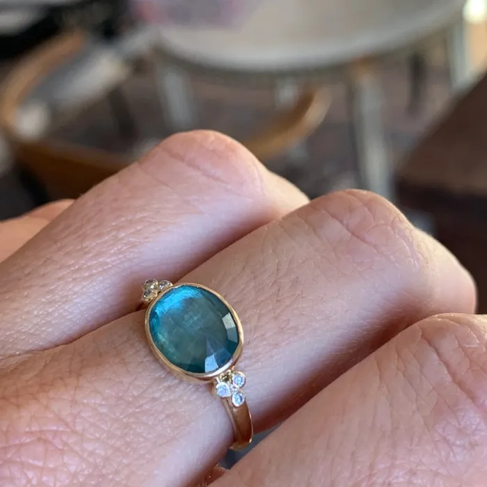 Ocean Kyanite Ring with Diamond clusters in 14 yellow gold Emily Amey Jewelry Rings