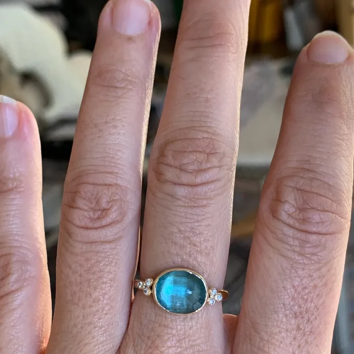 Ocean Kyanite Ring with Diamond clusters in 14 yellow gold Emily Amey Jewelry Rings