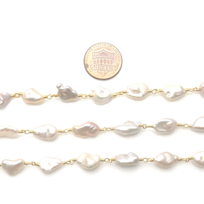 Necklaces GemMartUSA Pink Pearl Free Form 10x7mm Gold Wire Wrapped Rosary Chain