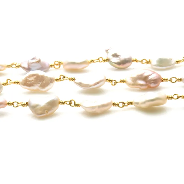 Necklaces GemMartUSA Pink Pearl Free Form 10x7mm Gold Wire Wrapped Rosary Chain