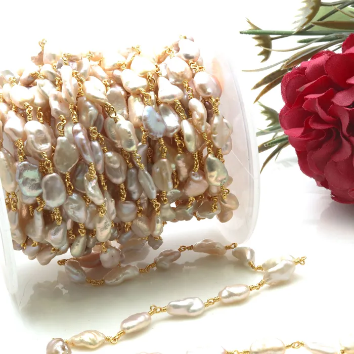 Necklaces GemMartUSA Pink Pearl Free Form 10x7mm Gold Wire Wrapped Rosary Chain