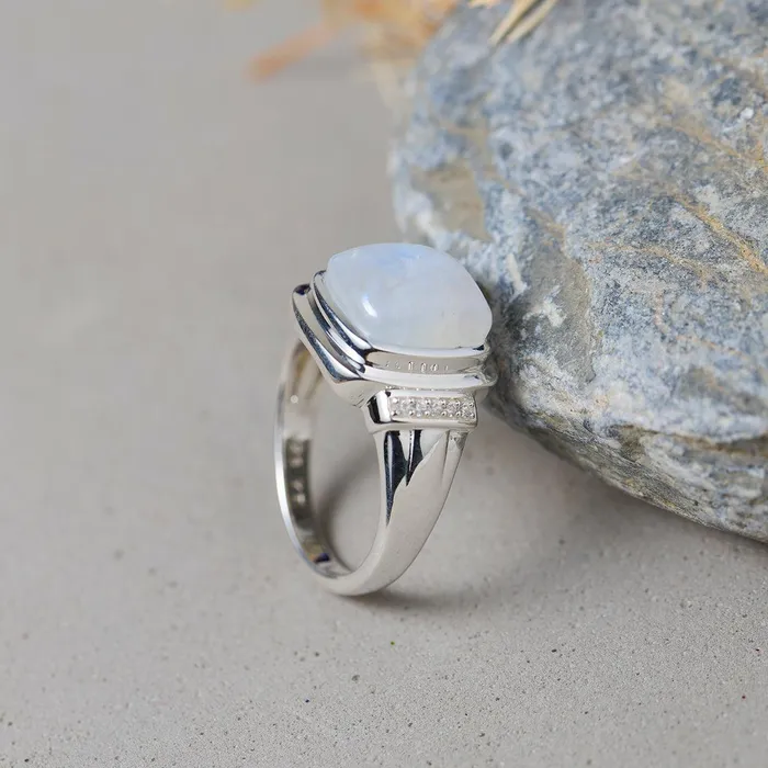 YoTreasure Rainbow Moonstone White Zircon Ring in 925 Sterling Silver Rings YoTreasure Rainbow Moonstone White Zircon Ring in 925 Sterling Silver Rings