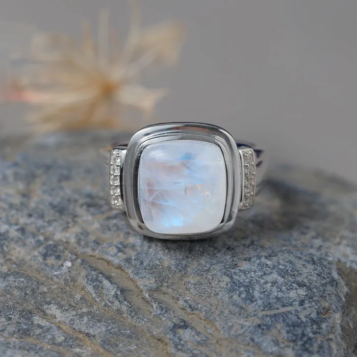 YoTreasure Rainbow Moonstone White Zircon Ring in 925 Sterling Silver Rings YoTreasure Rainbow Moonstone White Zircon Ring in 925 Sterling Silver Rings