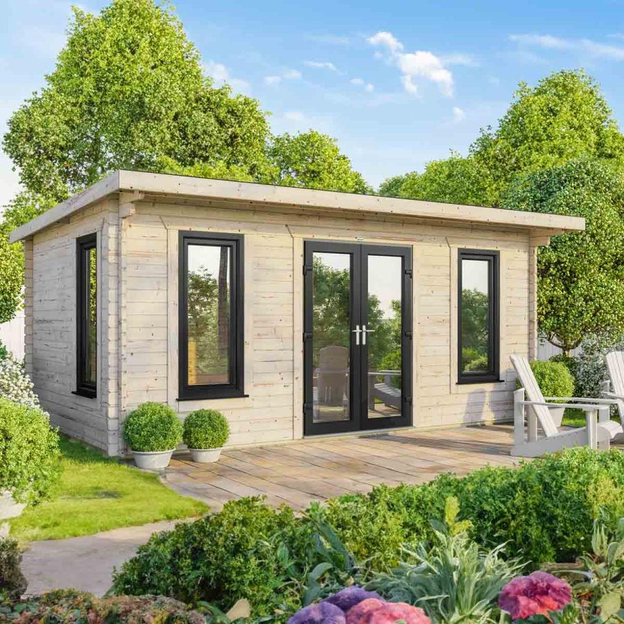 Garden Buildings |  20X12 Pent Log Cabin, Doors Central – 44Mm Logs Garden Buildings Brown